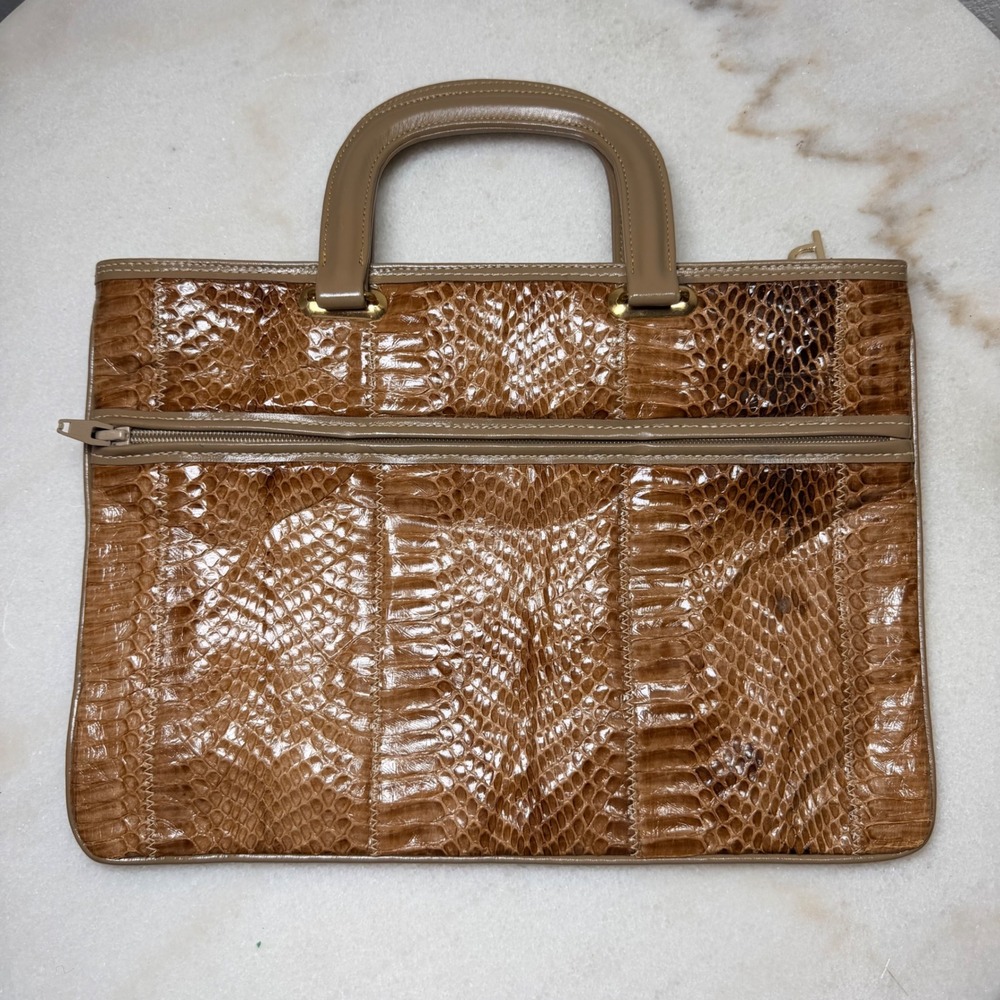 Vintage 80's Palizzio New York Brown Snakeskin Top Handle Bag Gold Hardware